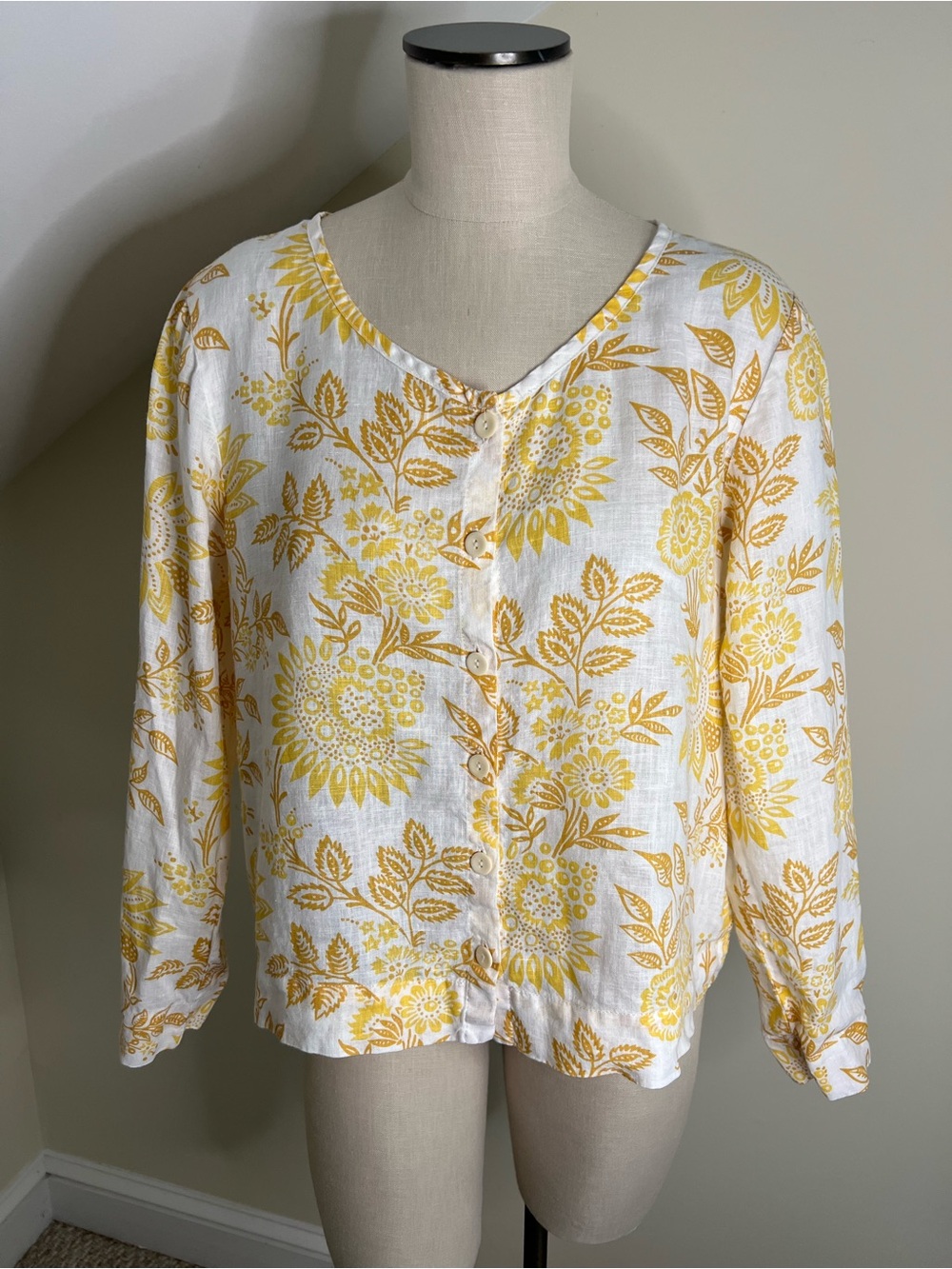 Flax Yellow Floral Button-Front Lightweight Linen Top Office Church